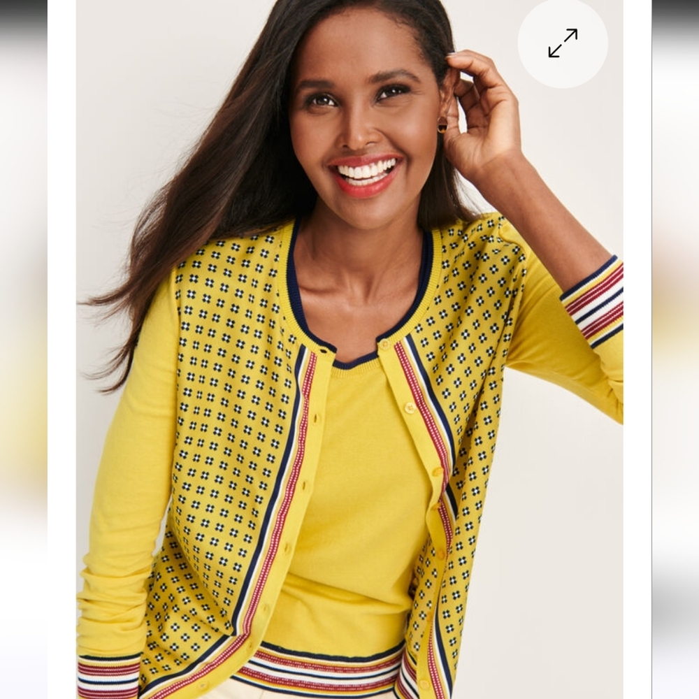 Talbots Women's Size 1X Yellow Geo Print Patterned Charming Cardigan Layering